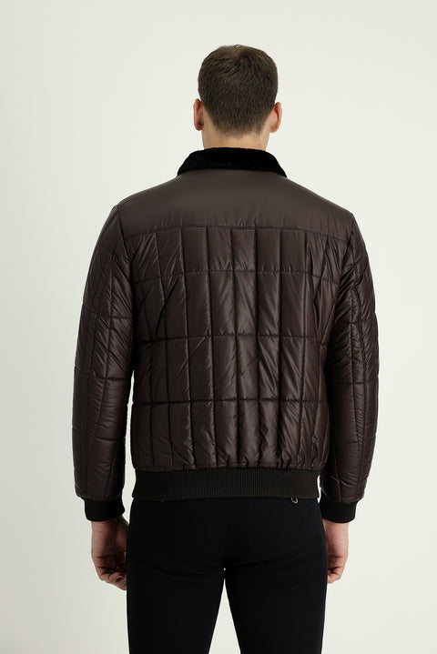Dark Brown Fur Collar Sporty Puffer Jacket