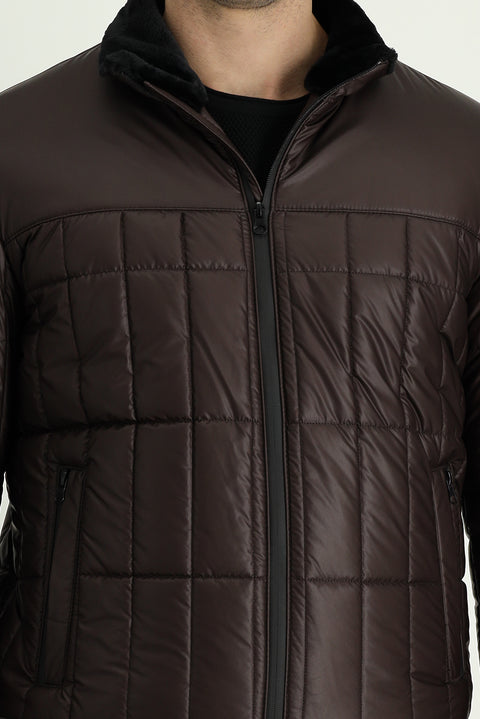 Dark Brown Fur Collar Sporty Puffer Jacket