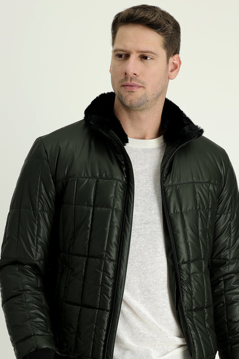 Medium Khaki Fur Collar Sport Puffer Jacket