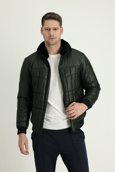 Medium Khaki Fur Collar Sport Puffer Jacket