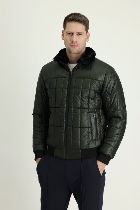 Medium Khaki Fur Collar Sport Puffer Jacket