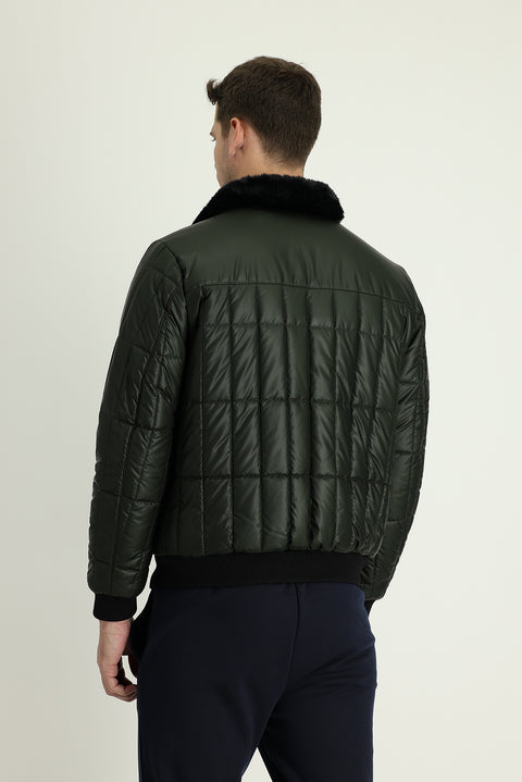 Medium Khaki Fur Collar Sport Puffer Jacket