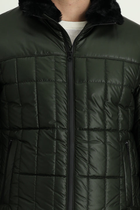 Medium Khaki Fur Collar Sport Puffer Jacket
