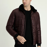Dark Burgundy Fur Collar Sporty Puffer Jacket