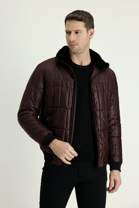 Dark Burgundy Fur Collar Sporty Puffer Jacket