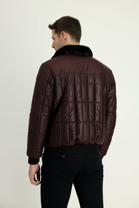 Dark Burgundy Fur Collar Sporty Puffer Jacket