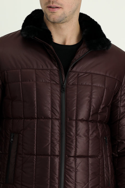 Dark Burgundy Fur Collar Sporty Puffer Jacket