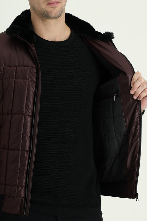 Dark Burgundy Fur Collar Sporty Puffer Jacket