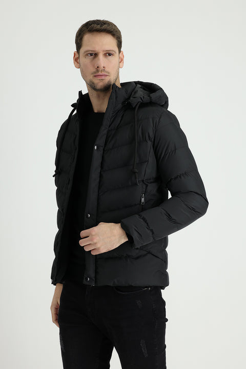 Siyah Slim Fit Dar Kesim Kapüşonlu Şişme Mont