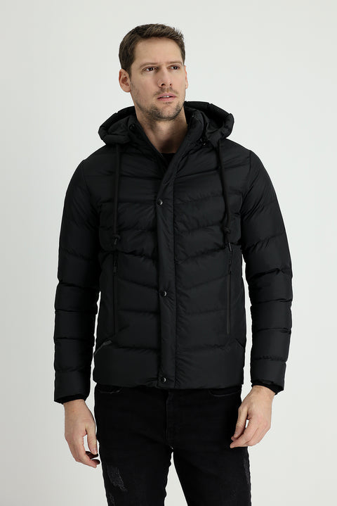 Siyah Slim Fit Dar Kesim Kapüşonlu Şişme Mont