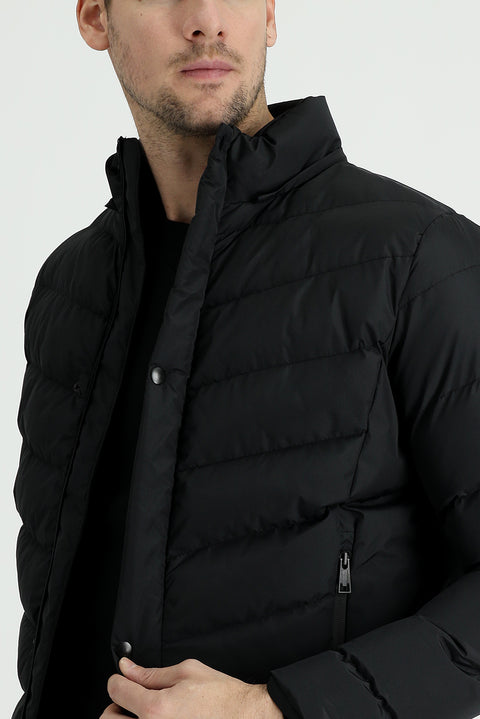 Siyah Slim Fit Dar Kesim Kapüşonlu Şişme Mont