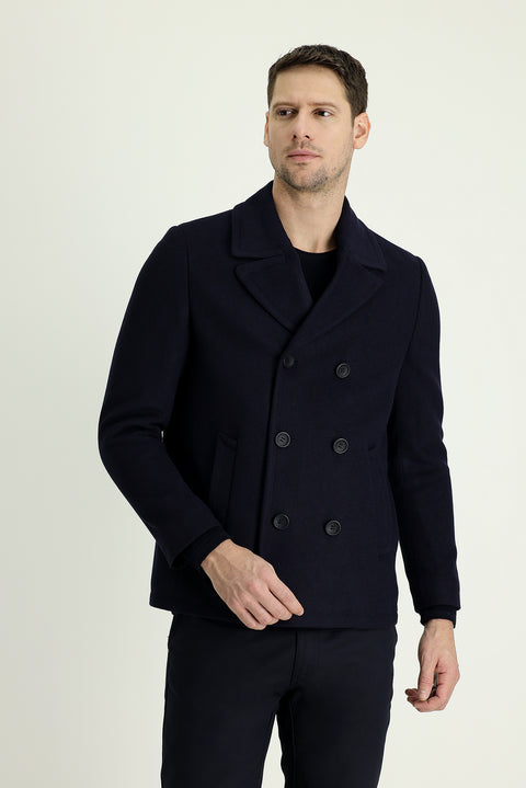 Dark Navy Slim Fit Narrow Cut Wool Double-Breasted Coat