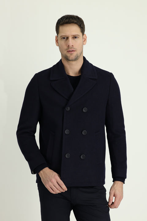 Dark Navy Slim Fit Narrow Cut Wool Double-Breasted Coat