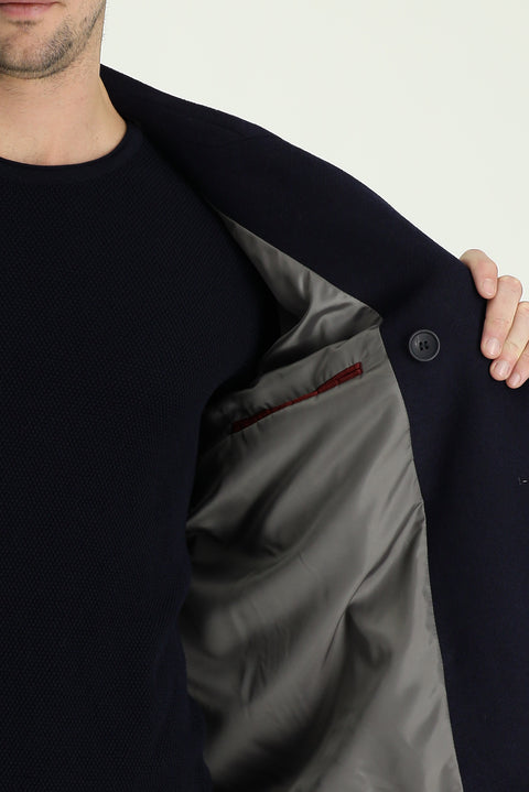 Dark Navy Slim Fit Narrow Cut Wool Double-Breasted Coat