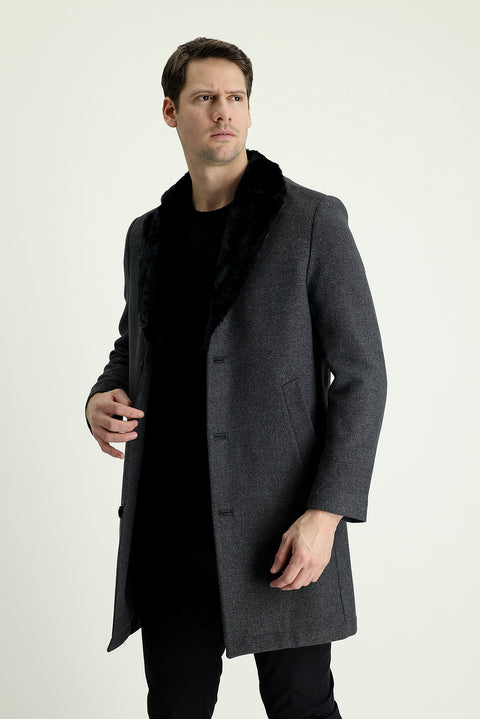 Medium Gray Fur Collar Wool Coat