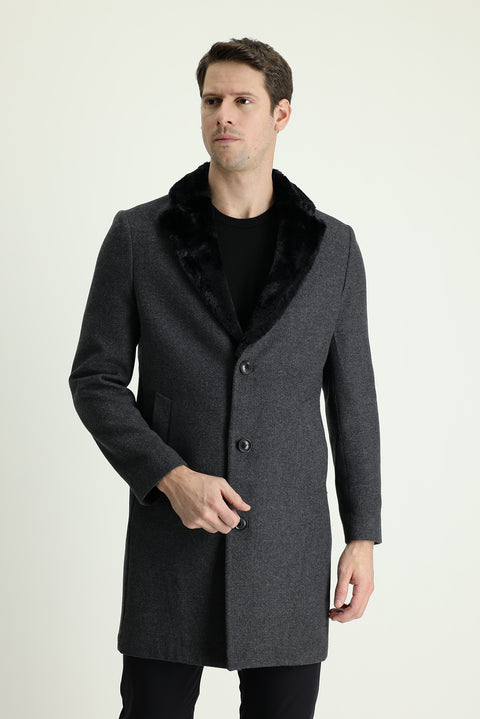 Medium Gray Fur Collar Wool Coat