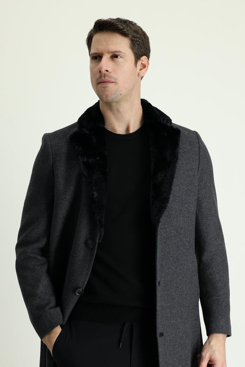 Medium Gray Fur Collar Wool Coat