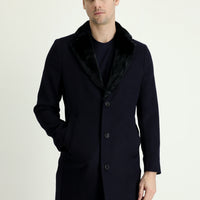 Dark Navy Fur Collar Wool Coat