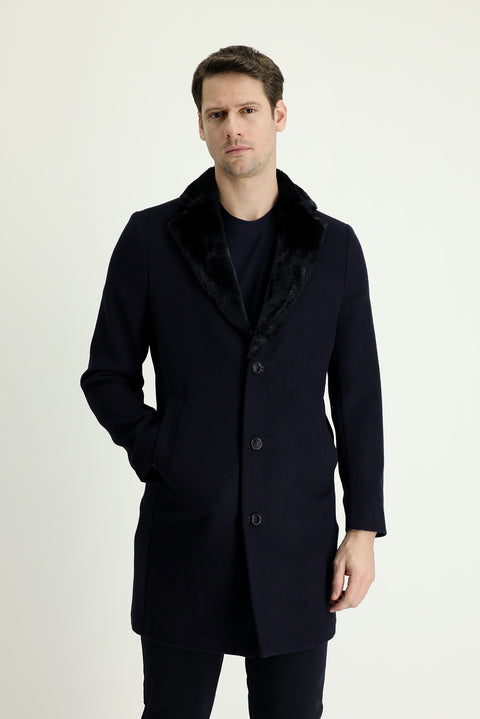 Dark Navy Fur Collar Wool Coat