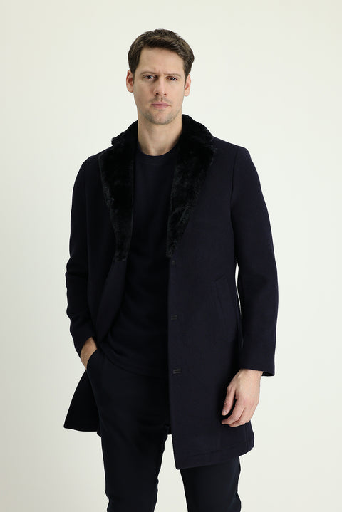 Dark Navy Fur Collar Wool Coat