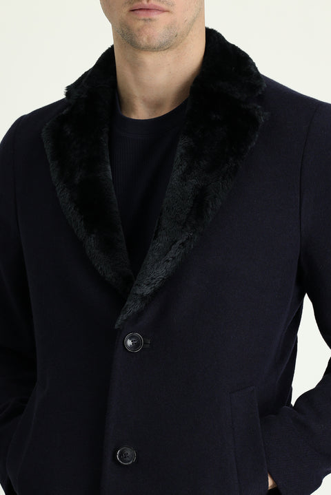 Dark Navy Fur Collar Wool Coat