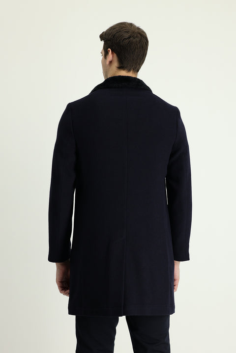 Dark Navy Fur Collar Wool Coat
