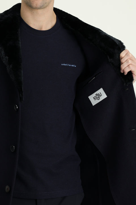 Dark Navy Fur Collar Wool Coat
