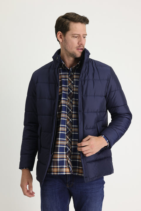 Medium Navy Fur Collar Sporty Puffer Jacket