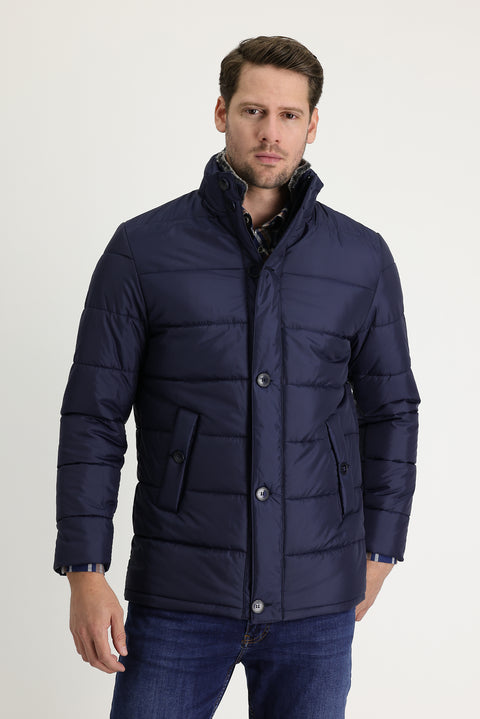 Medium Navy Fur Collar Sporty Puffer Jacket