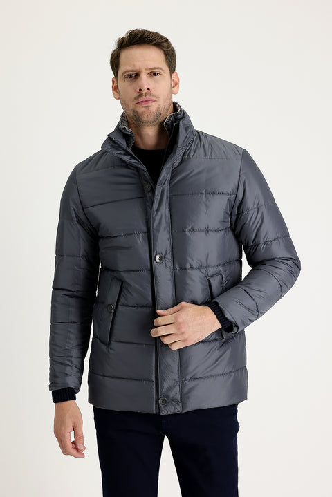 Medium Anthracite Fur Collar Sporty Puffer Jacket