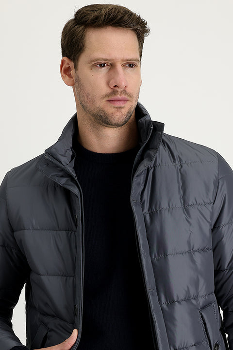 Medium Anthracite Fur Collar Sporty Puffer Jacket