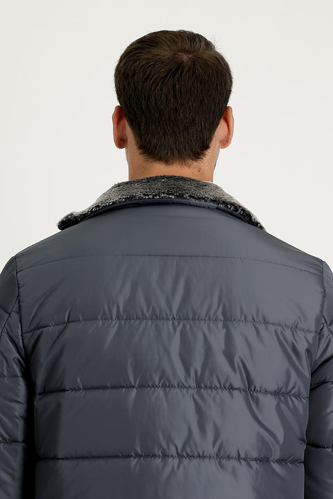 Medium Anthracite Fur Collar Sporty Puffer Jacket