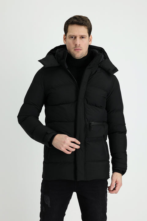 Black Hooded Sports Puffer Jacket
