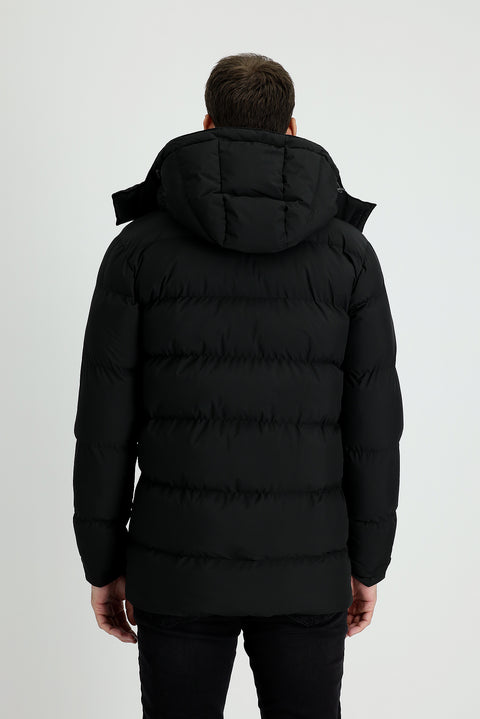 Black Hooded Sports Puffer Jacket