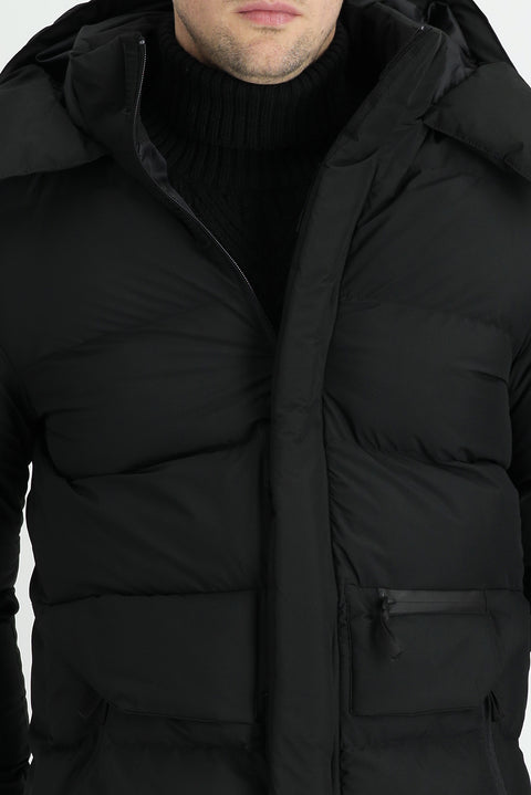 Black Hooded Sports Puffer Jacket