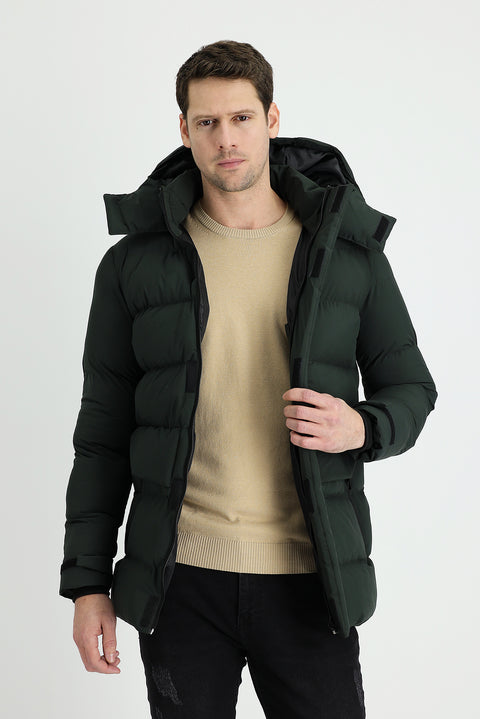 Medium Khaki Hooded Sports Puffer Jacket