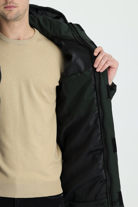 Medium Khaki Hooded Sports Puffer Jacket