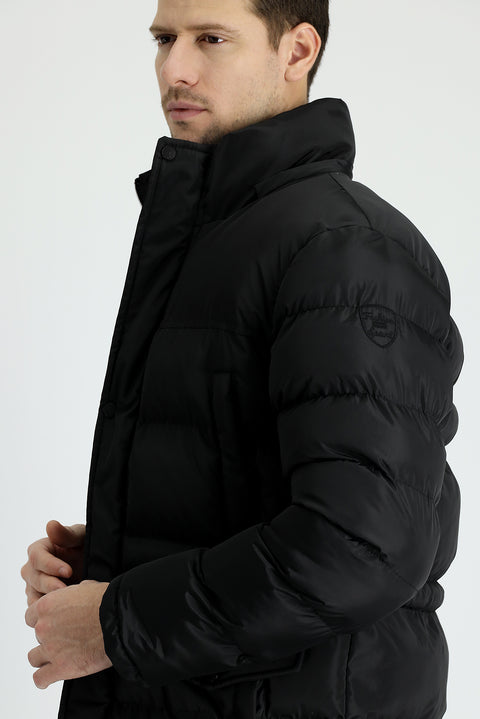 Black Hooded Sports Puffer Jacket