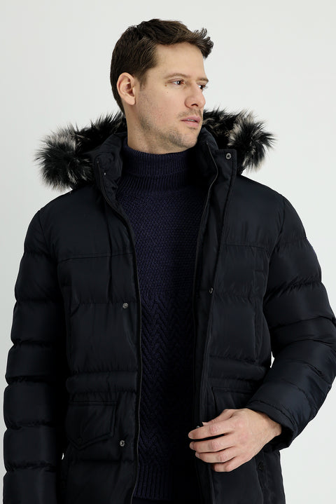 Dark Navy Hooded Sports Puffer Jacket
