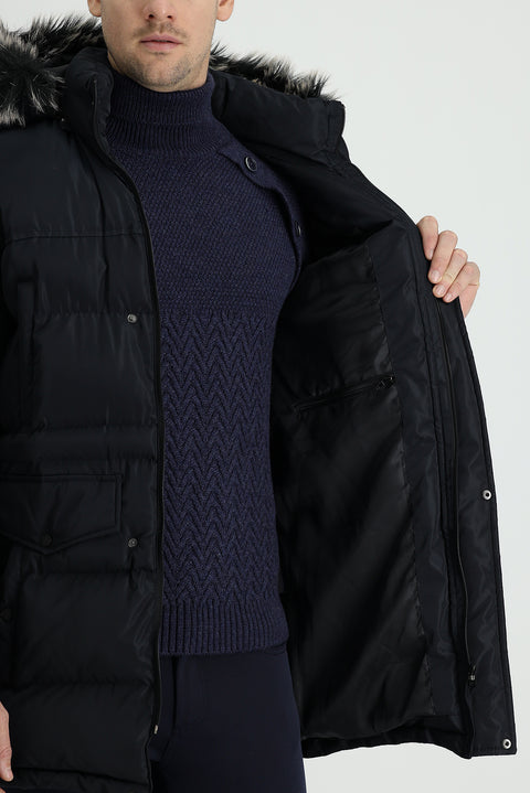 Dark Navy Hooded Sports Puffer Jacket