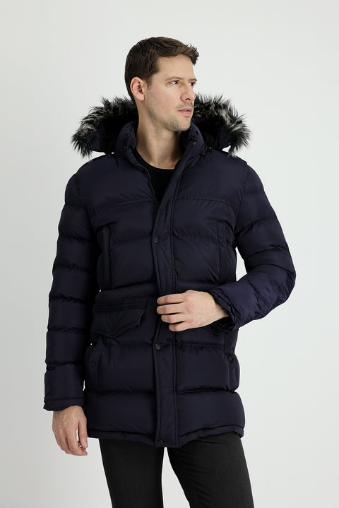 Dark Navy Hooded Sports Puffer Jacket