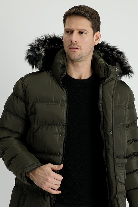 Medium Khaki Hooded Sports Puffer Jacket