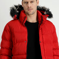 Dark Red Hooded Sports Puffer Jacket