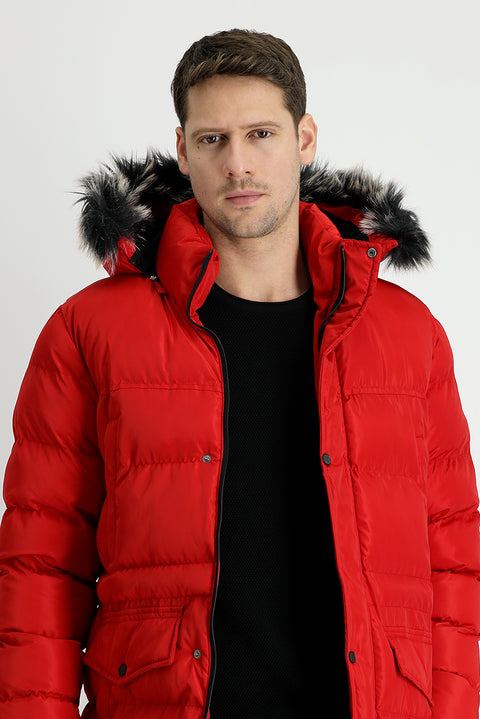 Dark Red Hooded Sports Puffer Jacket