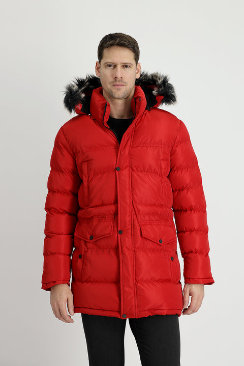 Dark Red Hooded Sports Puffer Jacket