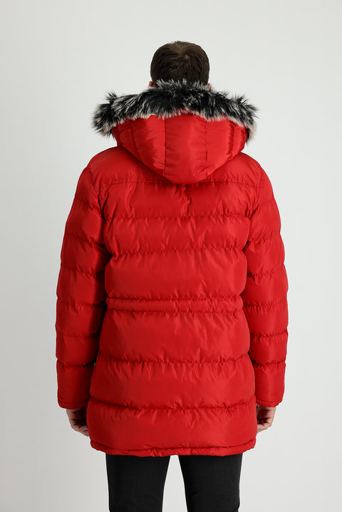 Dark Red Hooded Sports Puffer Jacket