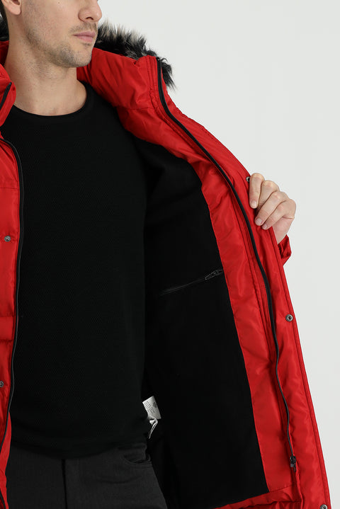 Dark Red Hooded Sports Puffer Jacket
