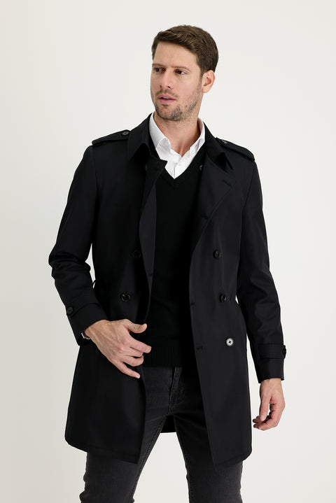 Black Double-Breasted Overcoat & Trench Coat