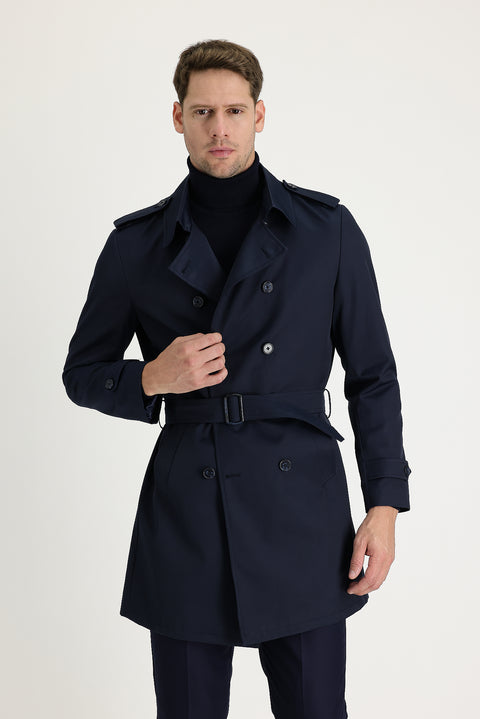 Medium Navy Double-Breasted Overcoat & Trench Coat