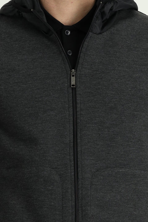 Orta Antrasit Slim Fit Dar Kesim Kapüşonlu Spor Yelek